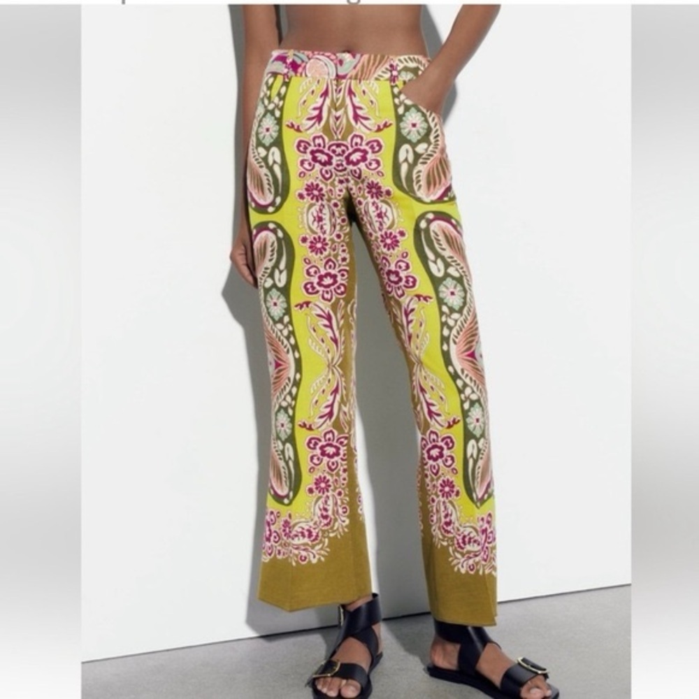 NWT Zara Crop Flare Linen Blend Pants Khaki Multi color XS - Picture 4 of 5